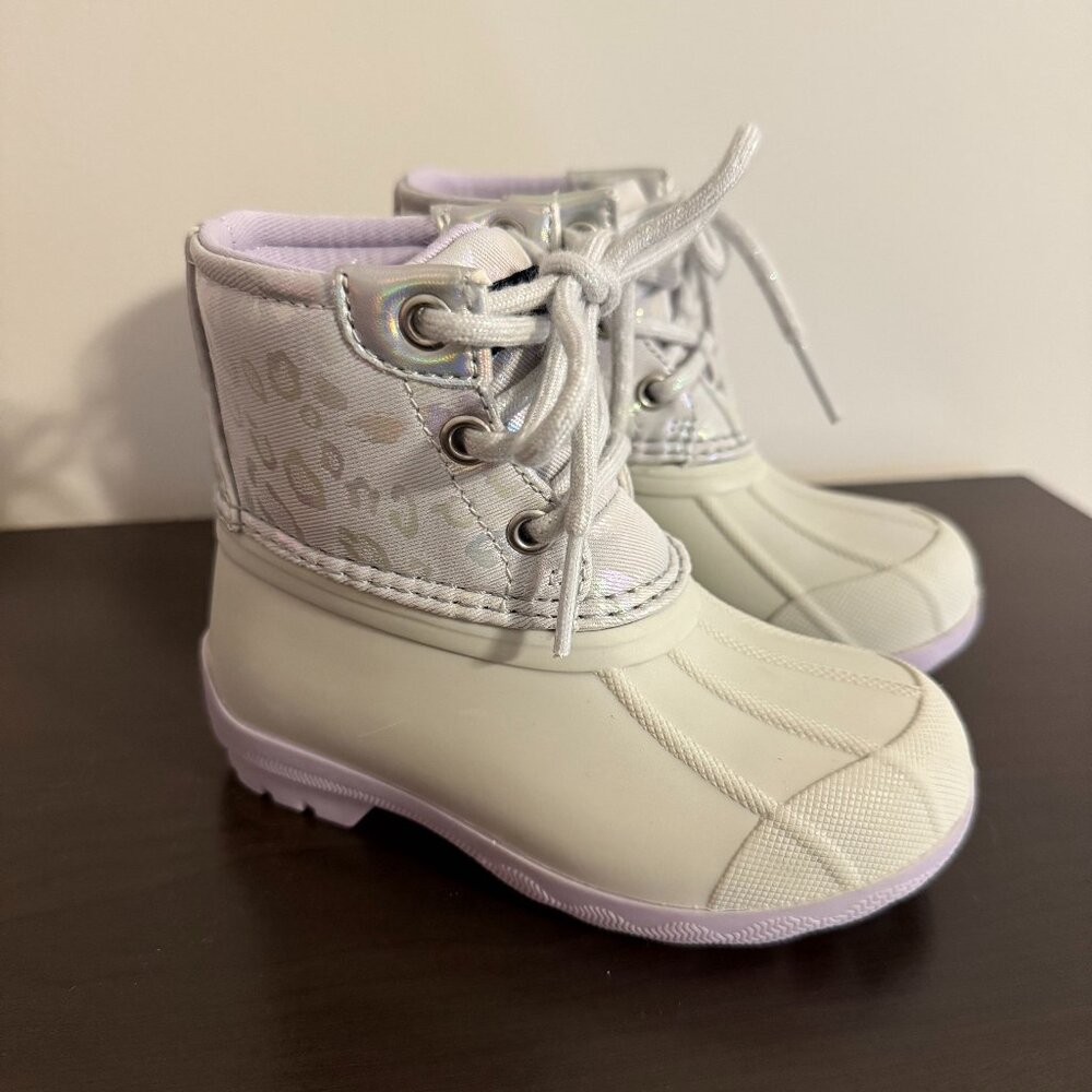 Sperry Toddler Duck Boots Size 6 Gray White Iridescent Lace-Up Rain Boots